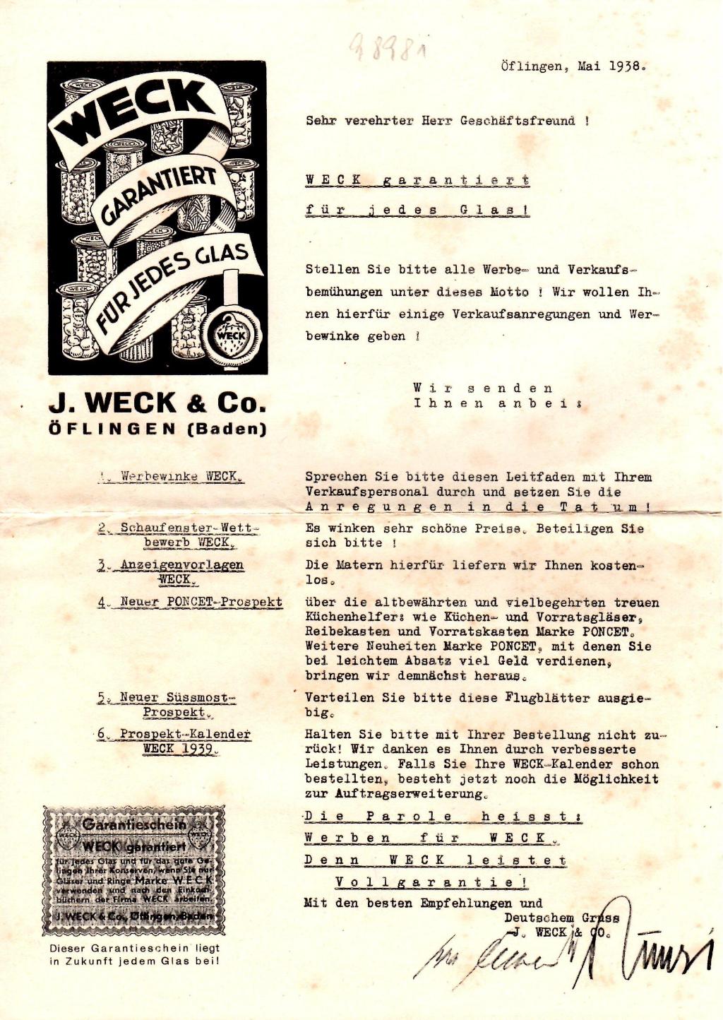 Anschreiben WECK 1938