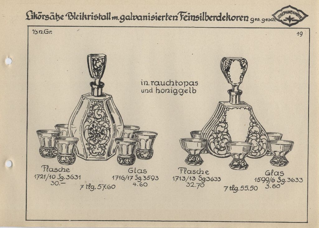 Likörsätze rauchtopas und honiggelb - mit galvanisierten Feinsilberdekoren