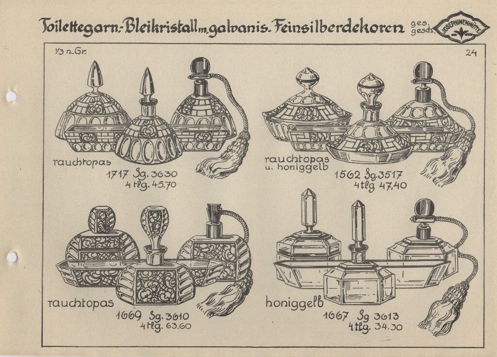 Toilettegarnituren rauchtopas und honiggelb - mit galvanisierten Feinsilberdekoren