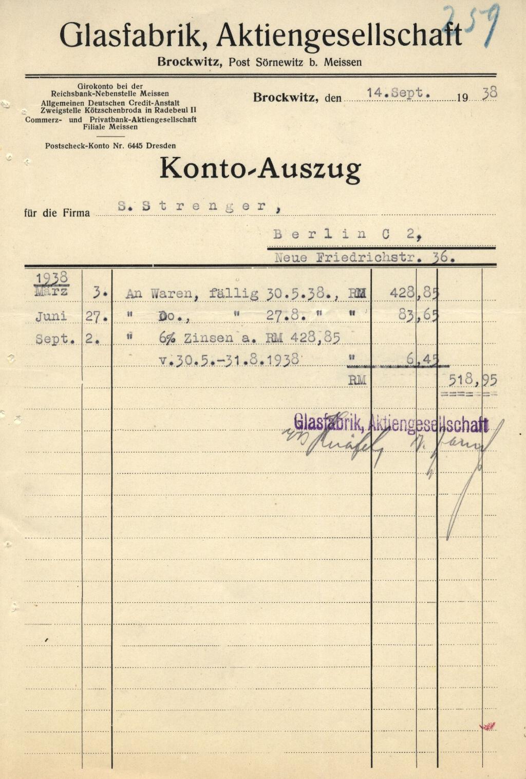 "Glasfabrik AG Kontoauszug 1938"