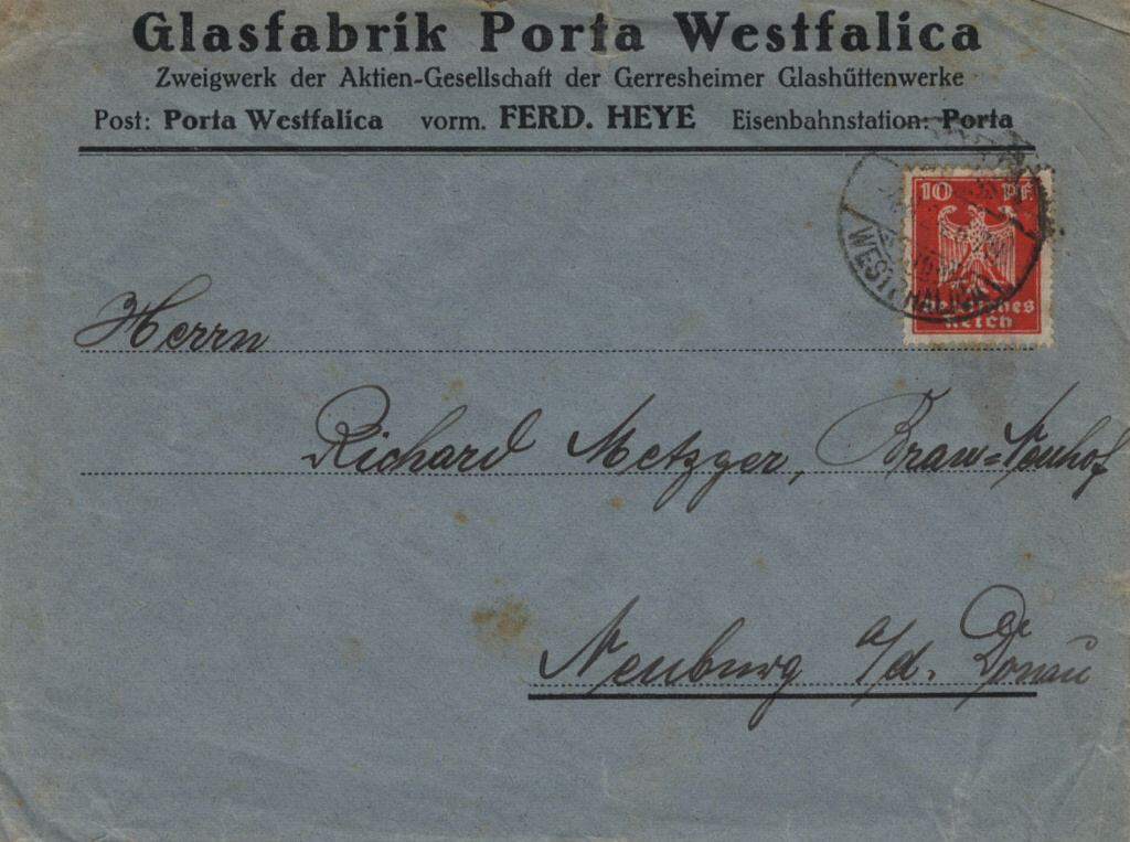 "Glasfabrik Porta Westfalica<br>vorm. Ferd. Heye<br>1924"