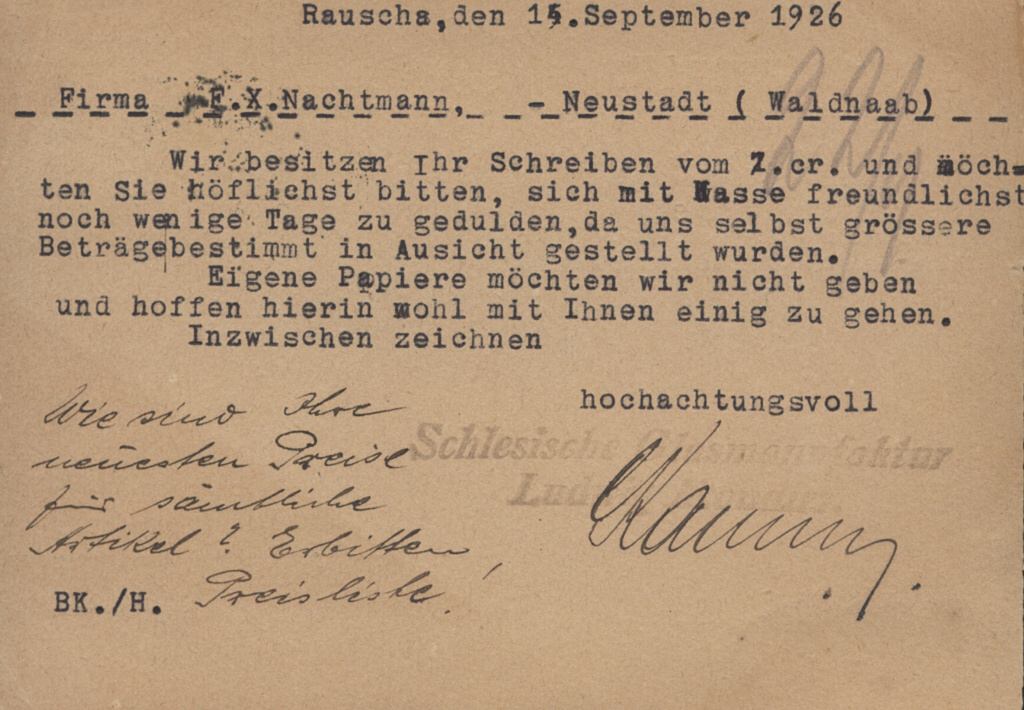 "Schlesische Glasmanufaktur 1926<br>(back)"